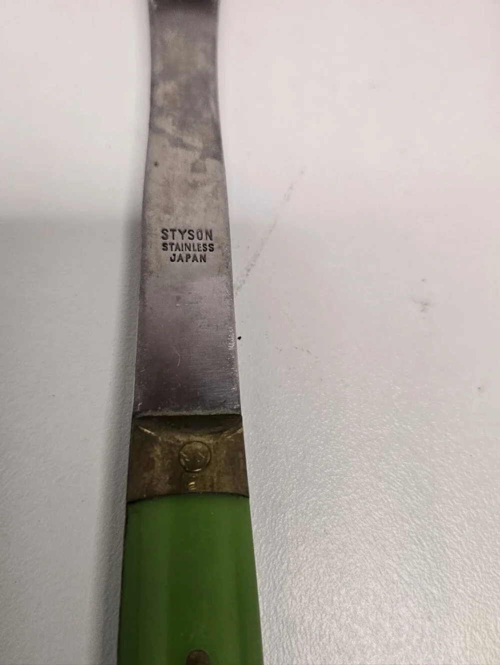 Vintage Styson Stainless Steel Kitchen Utensil Set MCM Japan Green Brass Accents